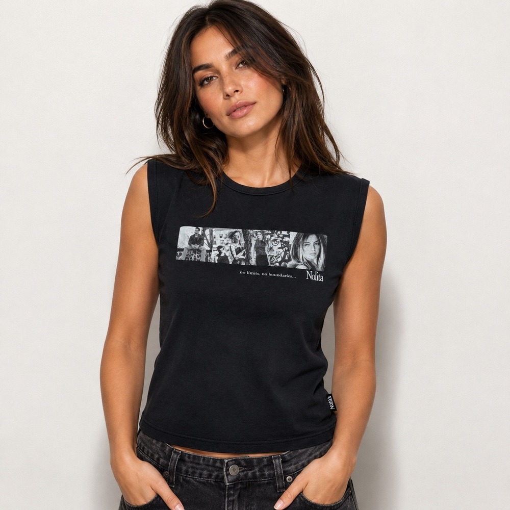 Nolita Jensen Activewear Tank Top OS Black Graphic Baby Muscle Tee TRLGoth Y2K